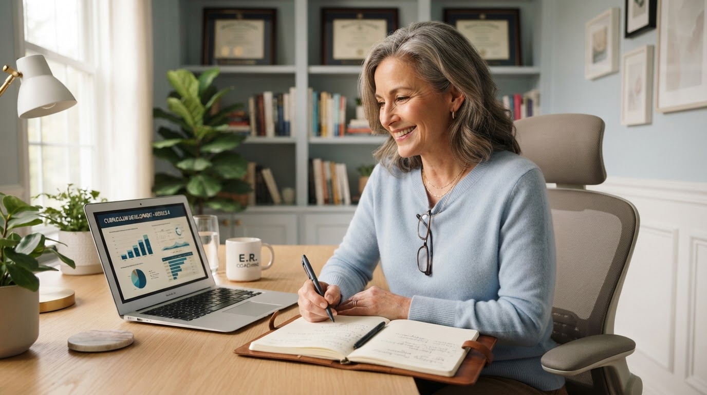 An experienced adult reviewing notes on a laptop in a modern home office