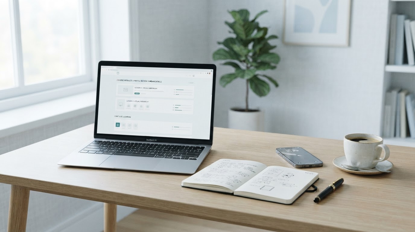 A modern educational workspace with a laptop, notebook, and smartphone