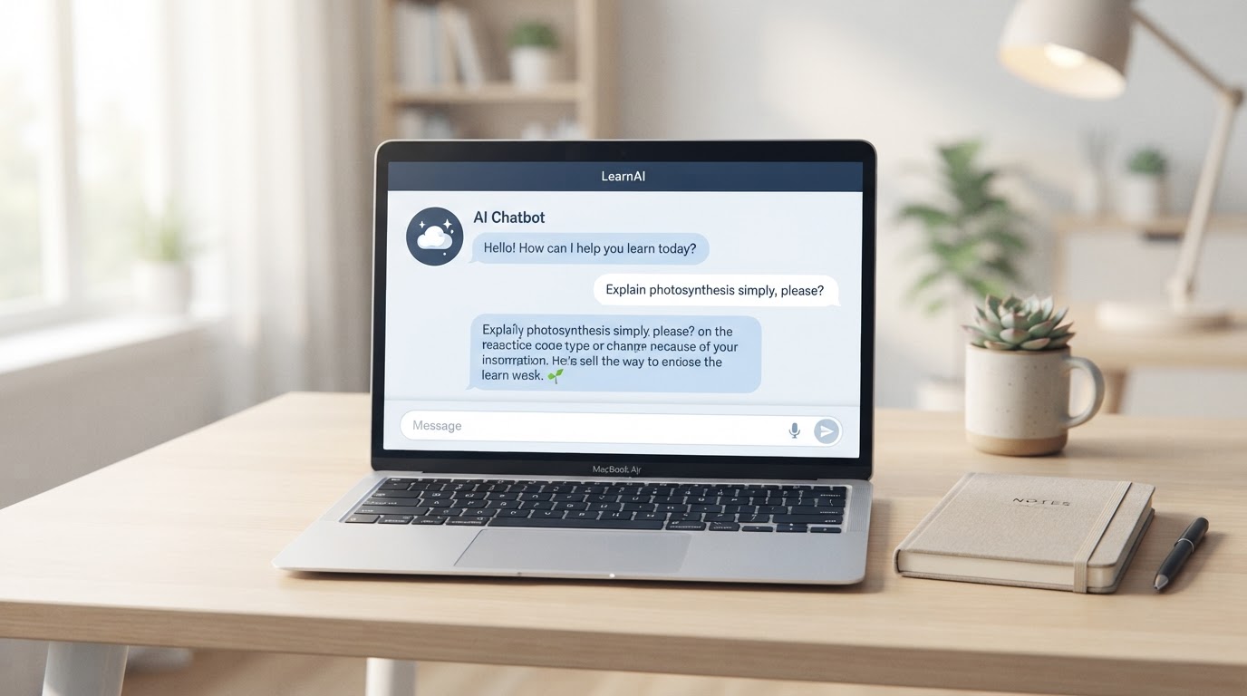 A laptop displaying a friendly AI chat interface on a tidy desk