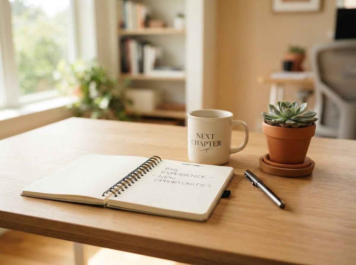 Notebook with Big Experience and New Opportunities notes next to Next Chapter mug