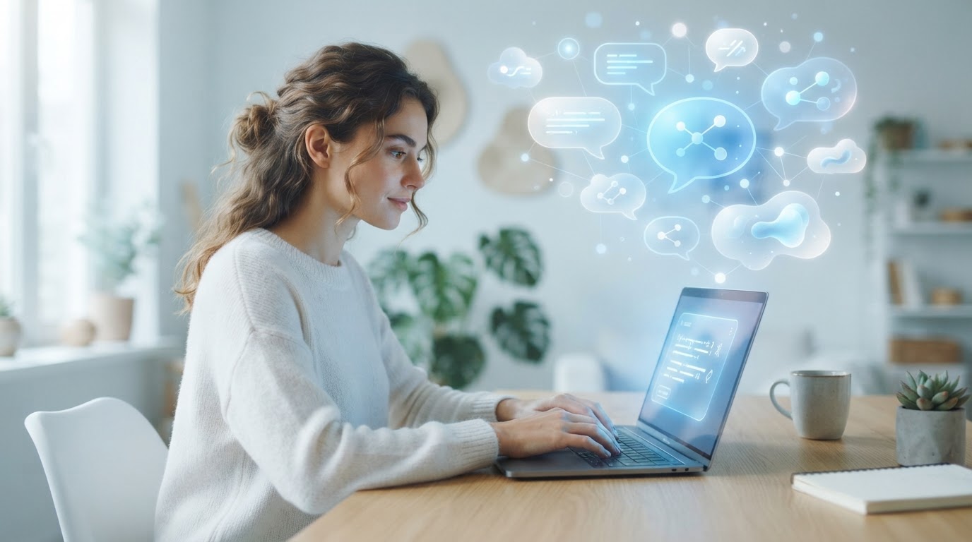 A person typing a prompt into a laptop with soft glowing blue idea bubbles