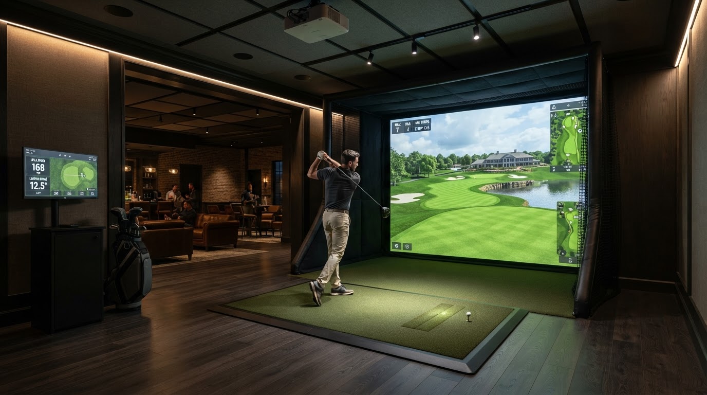 Generic commercial indoor golf simulator bay with turf hitting mat and projection screen
