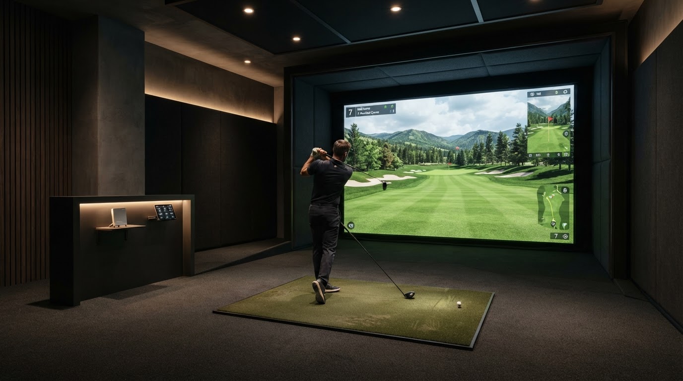 Generic luxury indoor home golf simulator room with projection screen