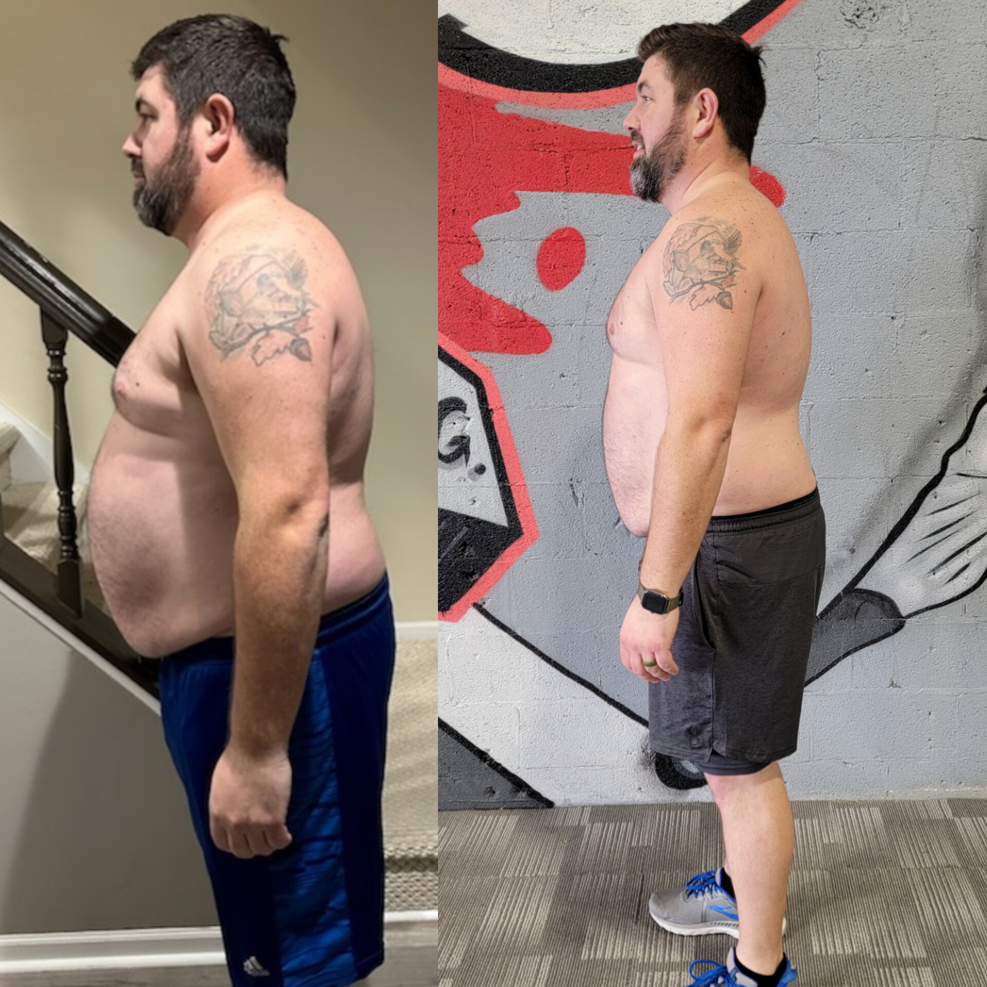 Client side-profile fat loss and posture transformation