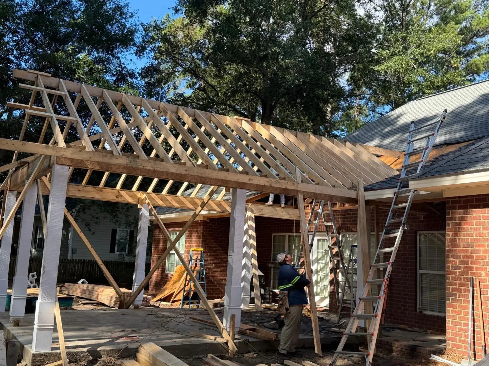 Custom Back Patio Rafter Framing & Roof Tie-In — JM Elite Builders LLC project in Statesboro, GA