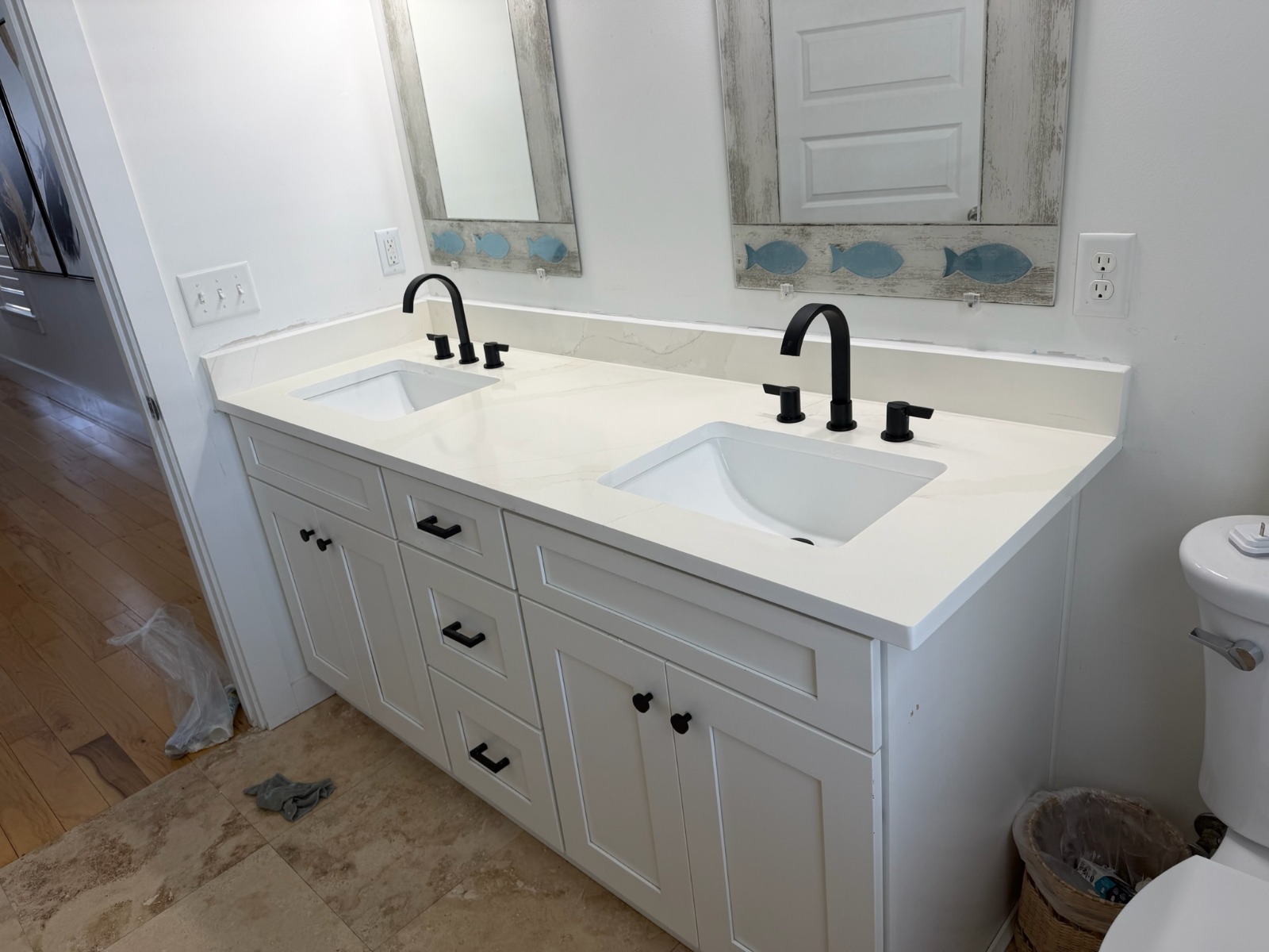 Custom White Double Vanity with Matte Black Fixtures & Quartz Top