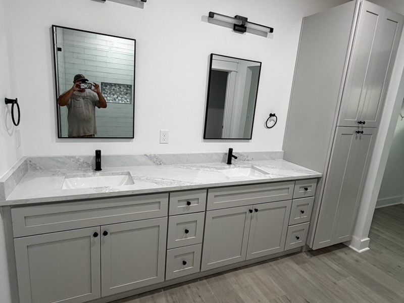 Master Suite Double Vanity with Marble Countertop & Built-In Linen Cabinet