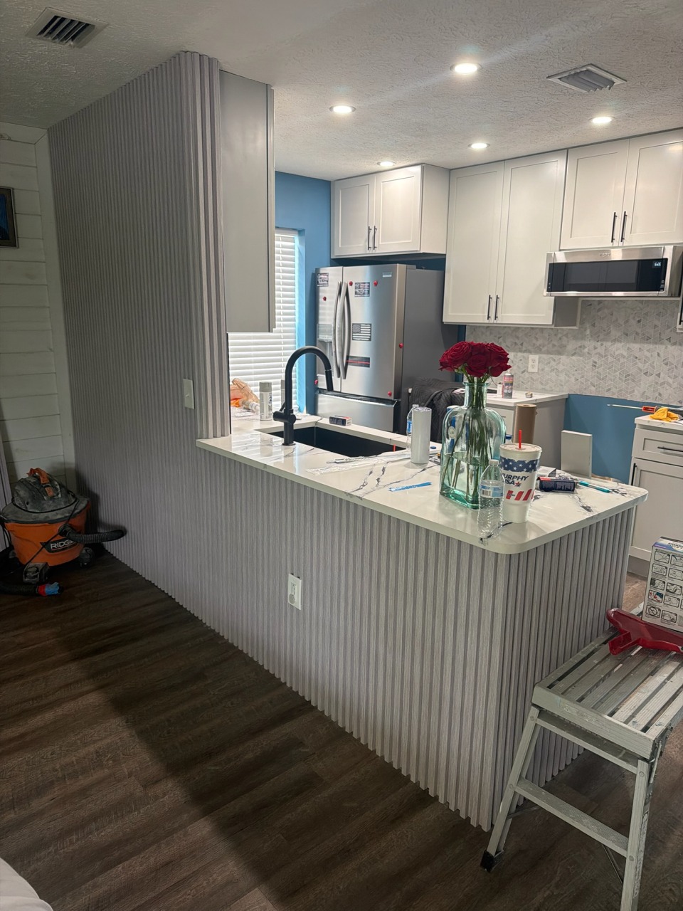 Modern Fluted Panel Kitchen Island with Calacatta Quartz Countertop