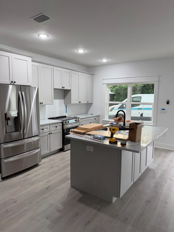 Custom Grey Island with Calacatta Quartz Fabrication & Countertop Fitting
