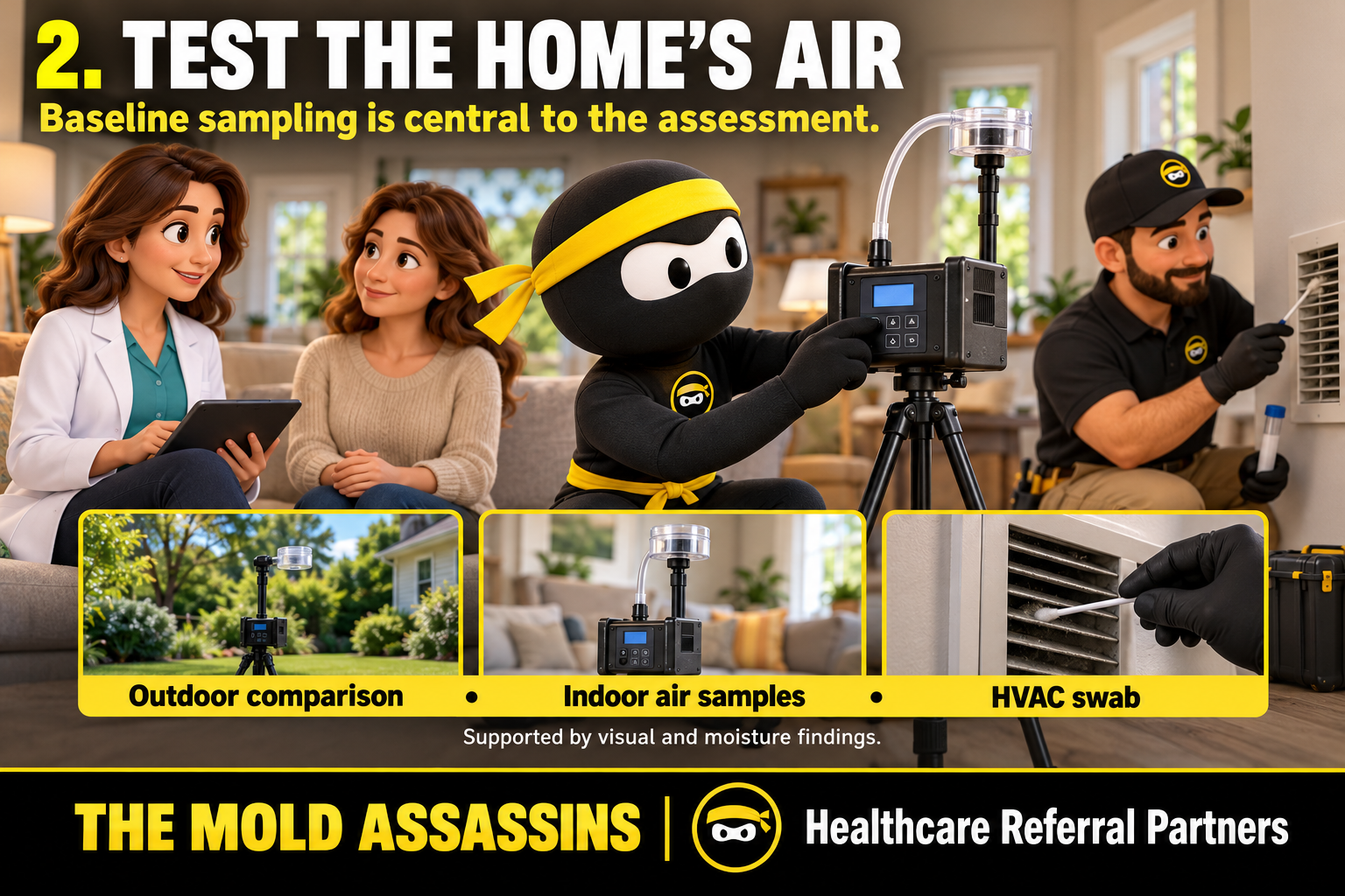 Healthcare Referral Step 2: Testing the home's air with outdoor comparison, indoor samples, and HVAC swab