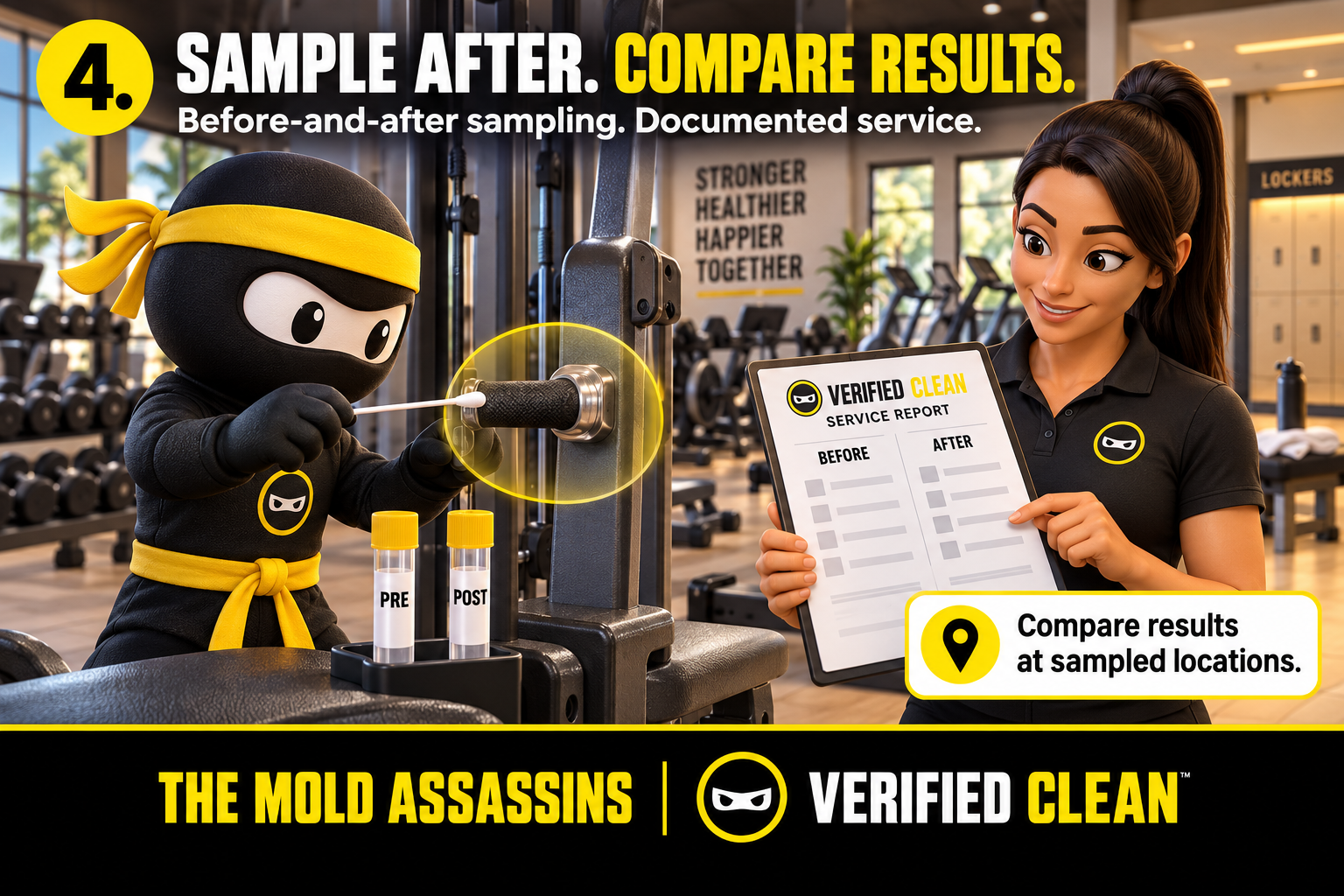 Post-treatment sampling comparison and Verified Clean service report for gyms