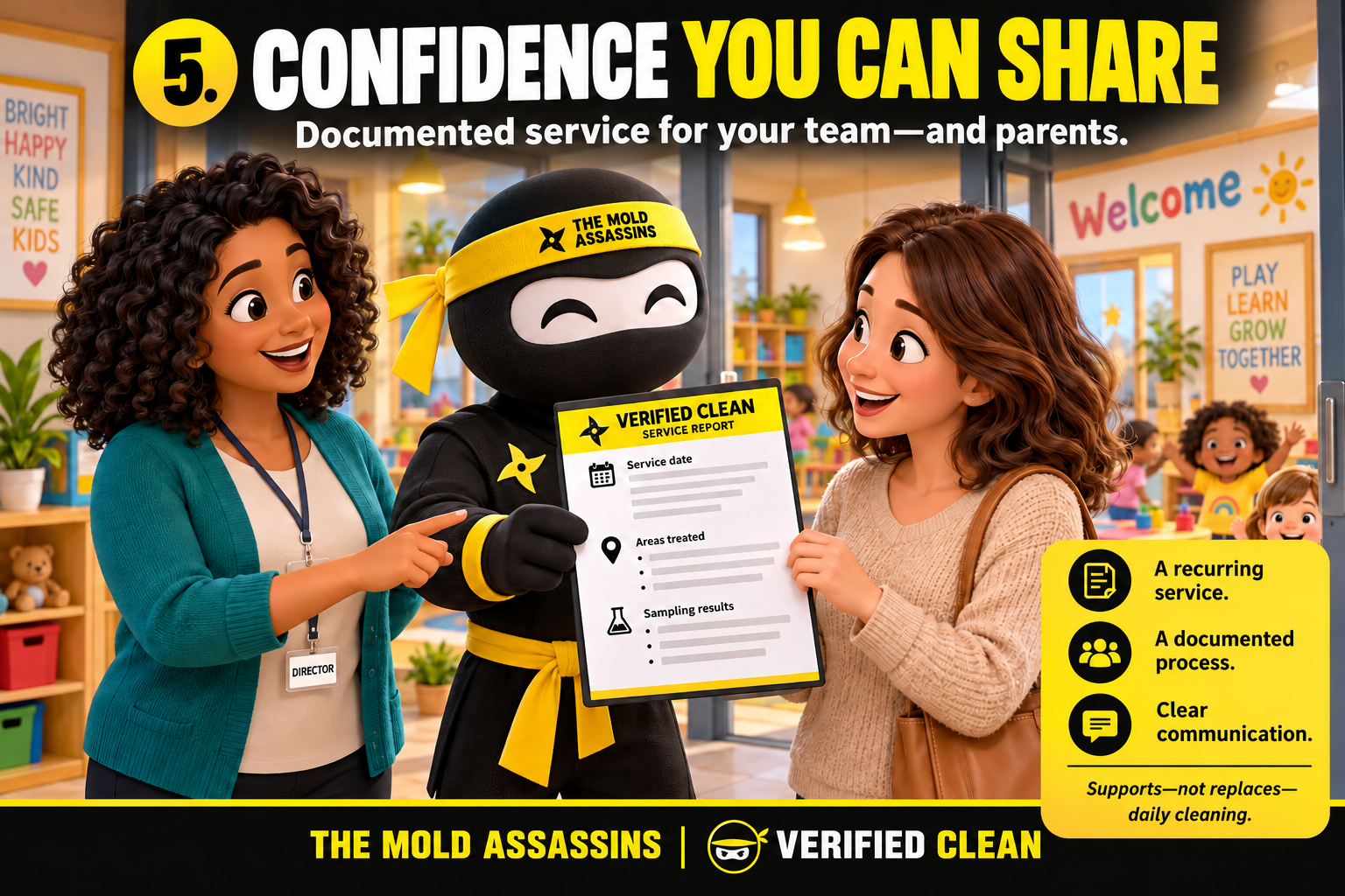 Step 5: Confidence You Can Share — Verified Clean Daycare Disinfection Program Confidence You Can Share - Documented service for your team—and parents. (Step 5)
