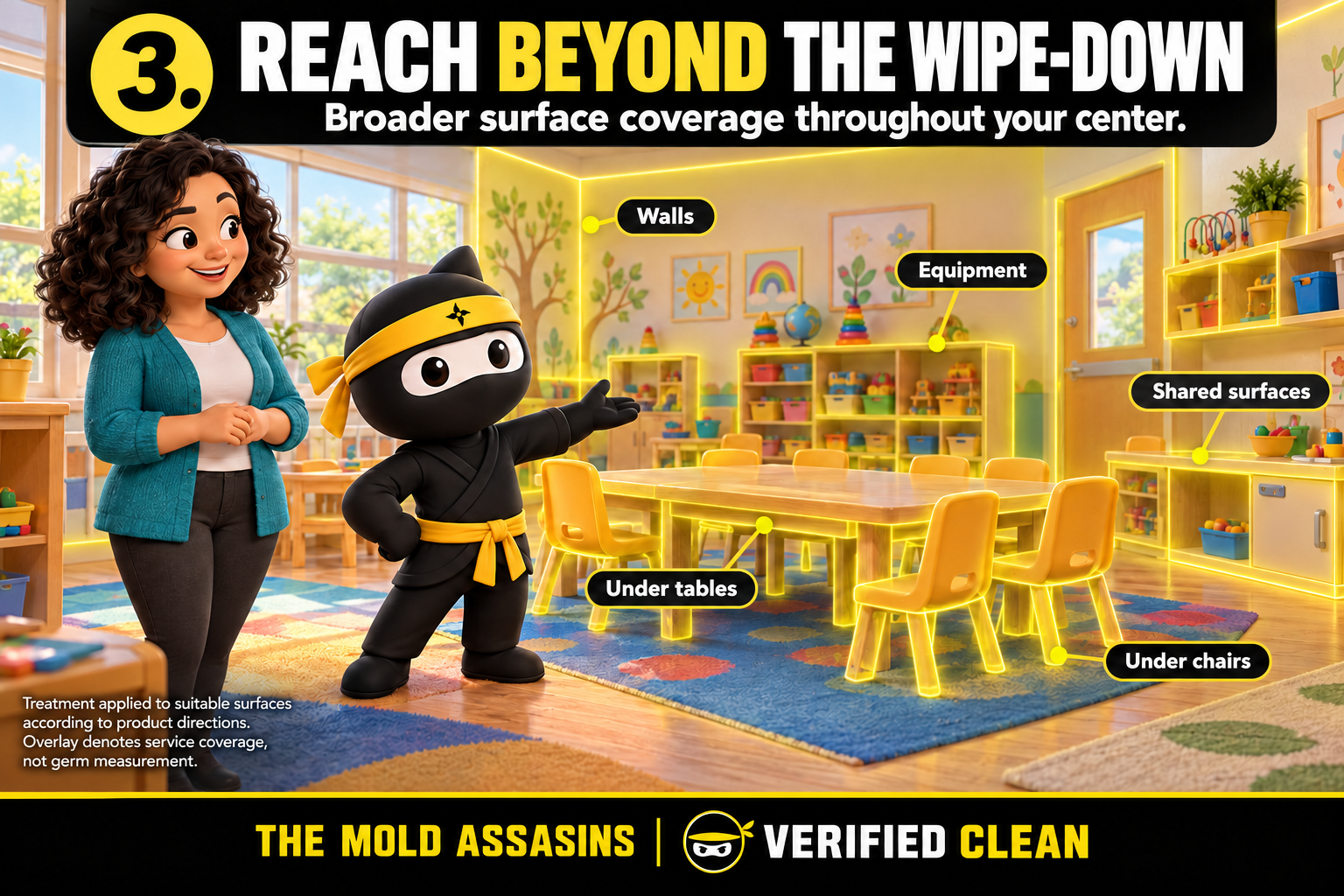 Step 3: Reach Beyond the Wipe-Down — Verified Clean Daycare Disinfection Program Reach Beyond the Wipe-Down - Broader surface coverage throughout your center. (Step 3)