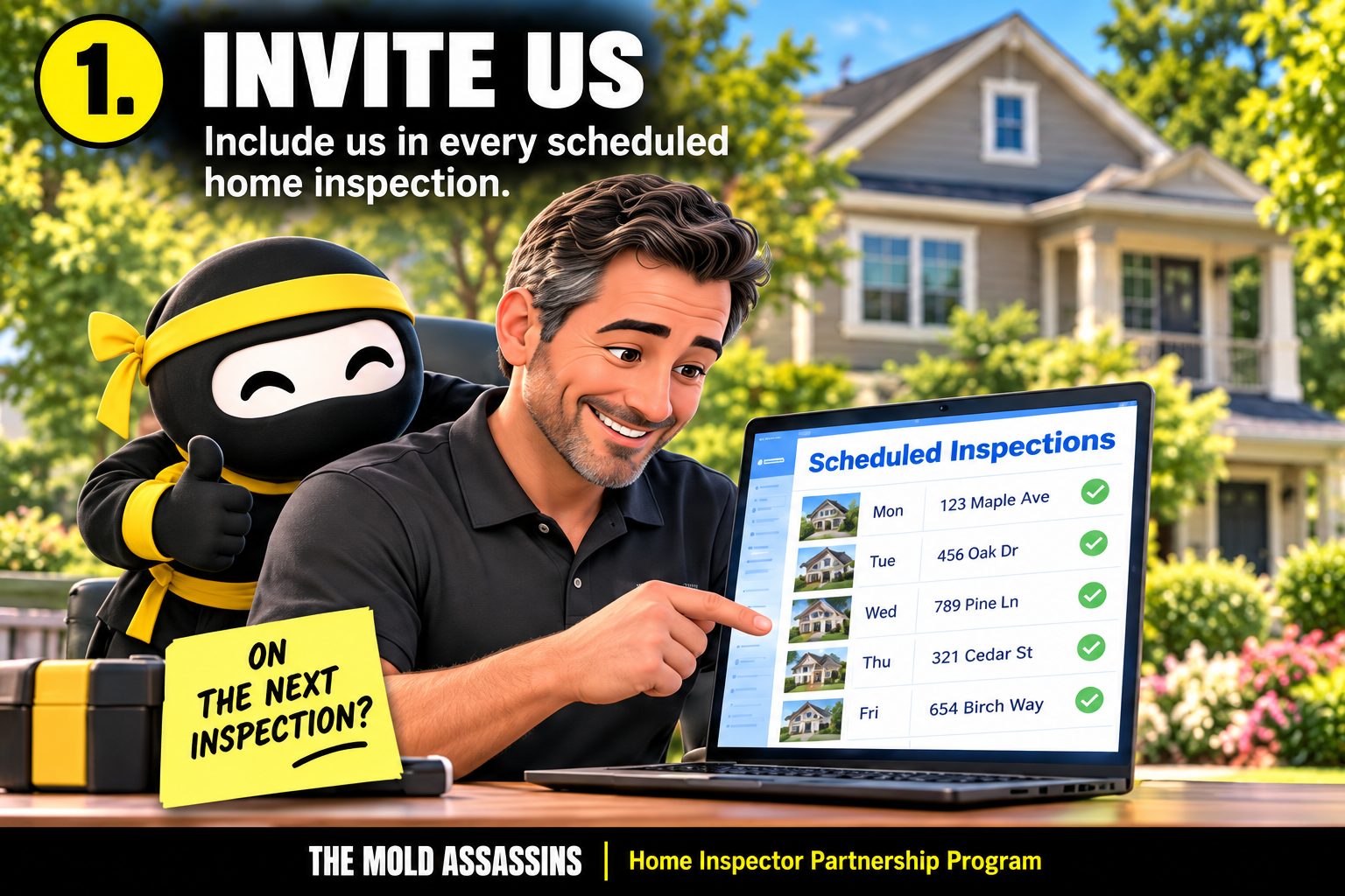 Step 1: Invite Us on Every Inspection — Home Inspector Partnership Program Invite Us on Every Inspection — Home Inspector Partnership Program Step 1 of 5 by The Mold Assassins