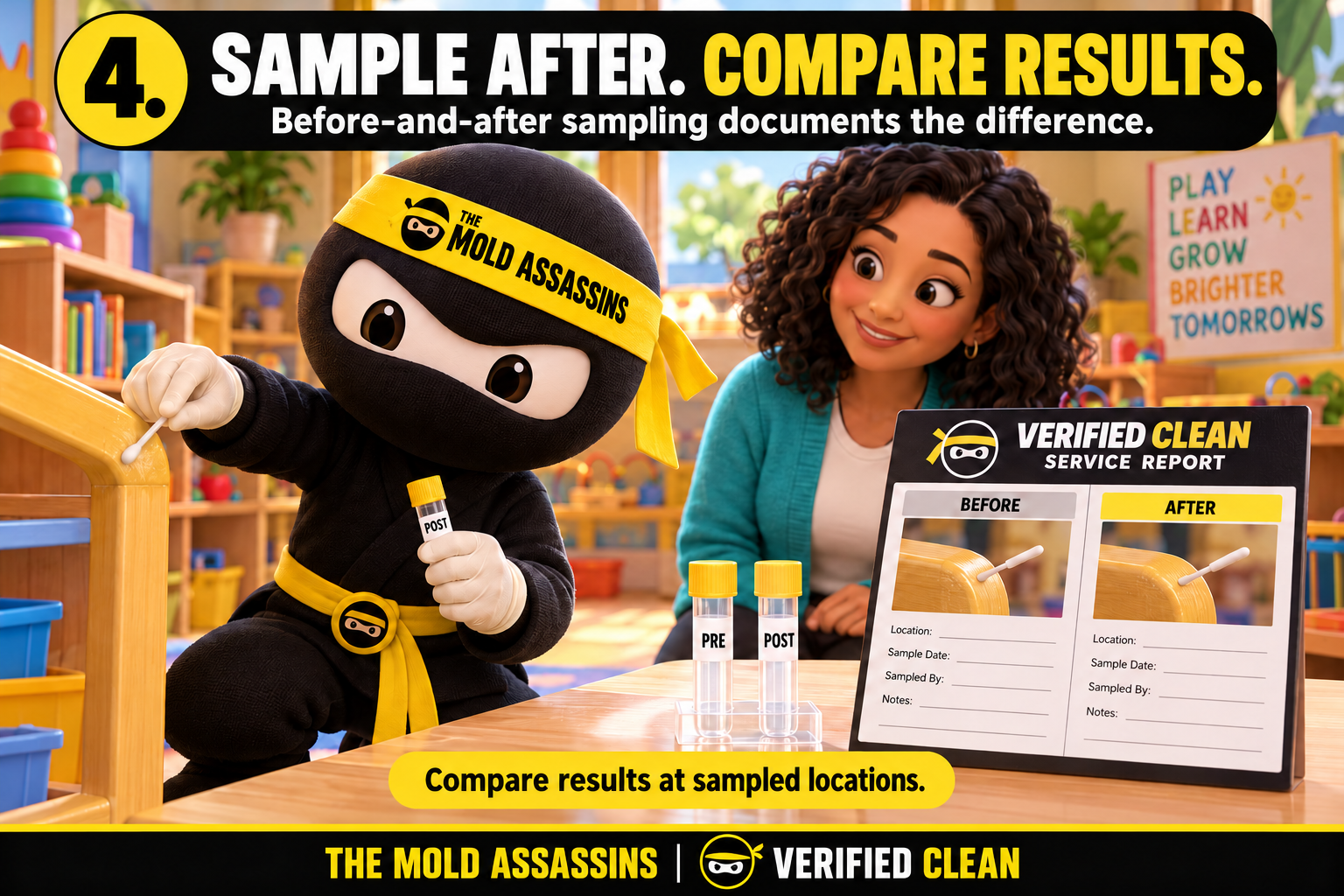 Step 4: Sample After. Compare Results. — Verified Clean Daycare Disinfection Program Sample After. Compare Results. - Before-and-after sampling documents the difference. (Step 4)