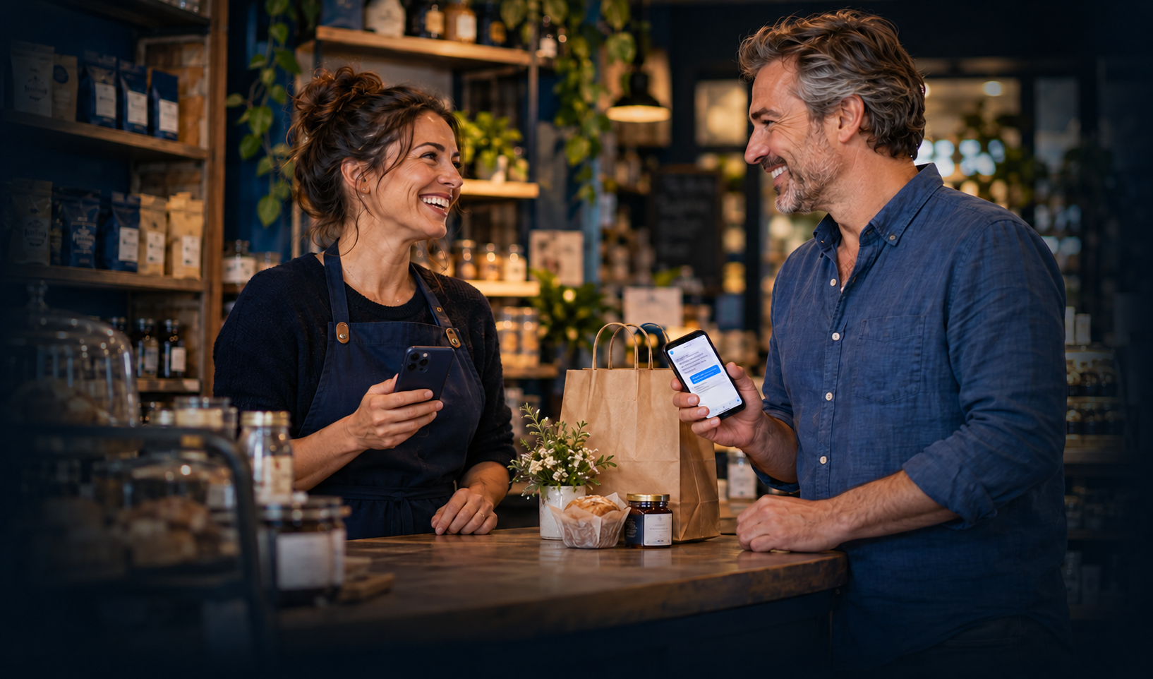 Storefront cashier and customer smiling at checkout while redeeming loyalty offer by phone