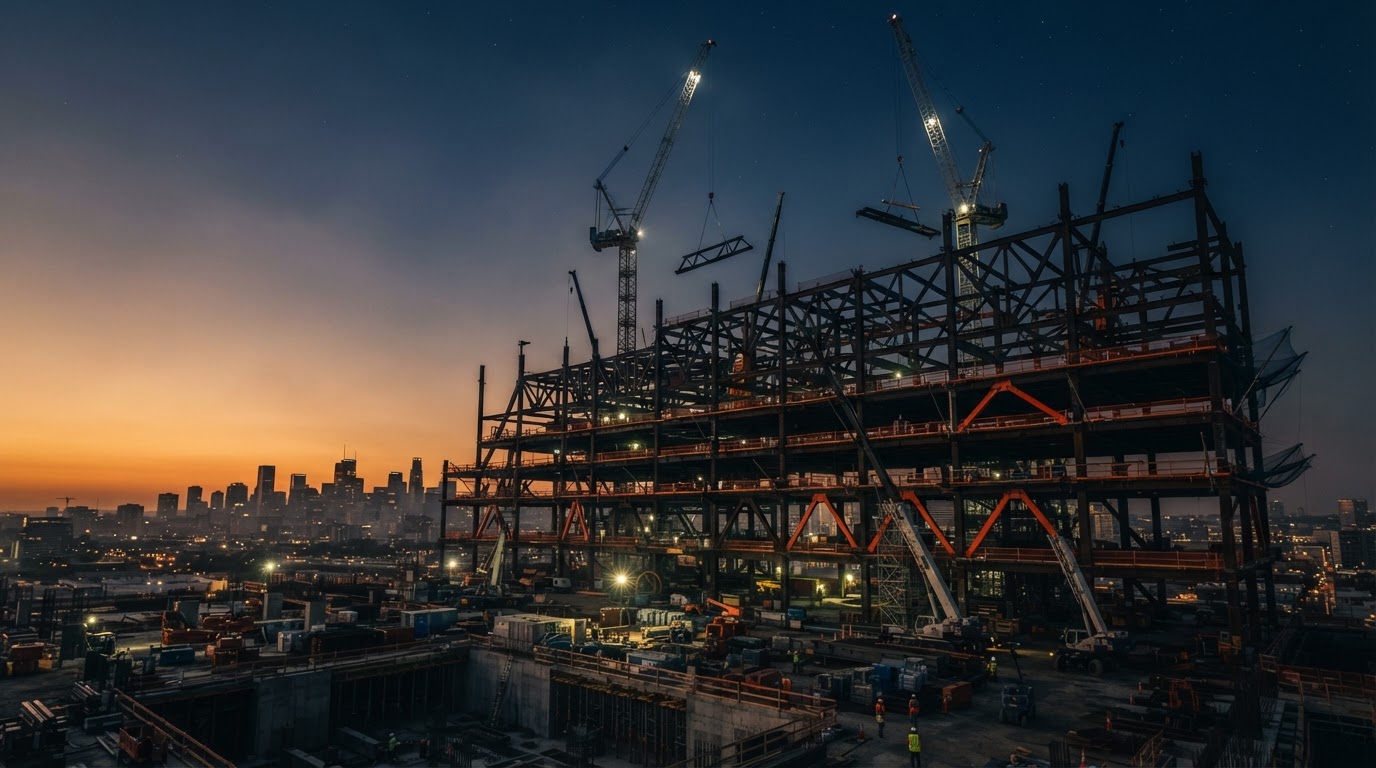 Structural steel construction site at dusk with erected beams and crane booms