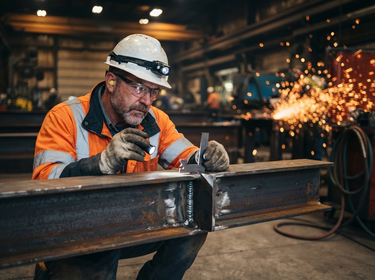 AWS-certified welding inspector examining a fabricated steel beam joint in a shop