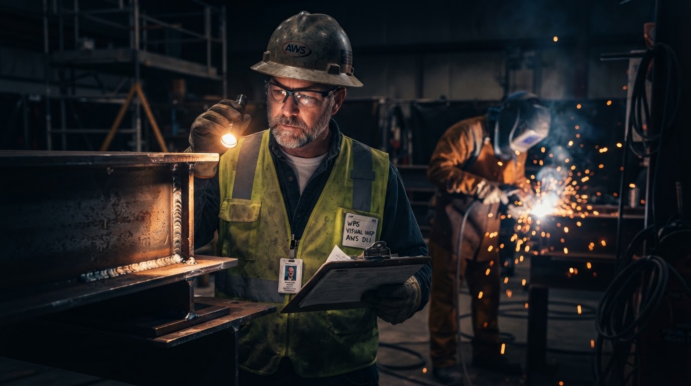 Welder using a dual-shield flux-cored wire-feed welding gun on a structural steel I-beam at night with sparks