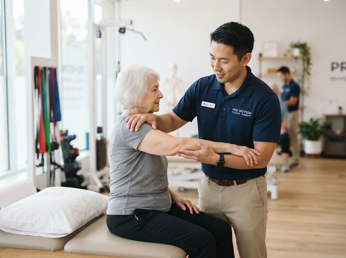 Physical therapist gently stretching a senior patient's shoulder at Kenetic PT in Great Neck NY