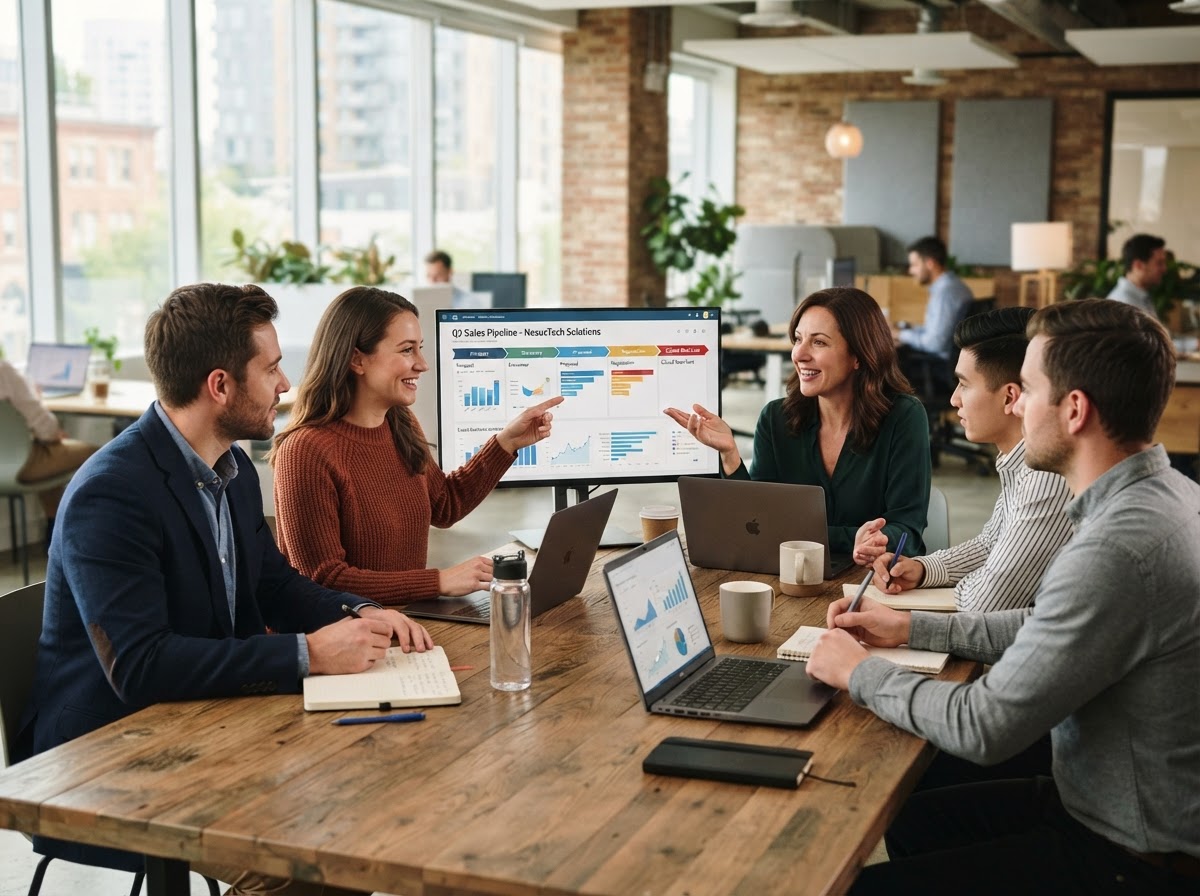 Software company team discussing sales pipeline and target accounts
