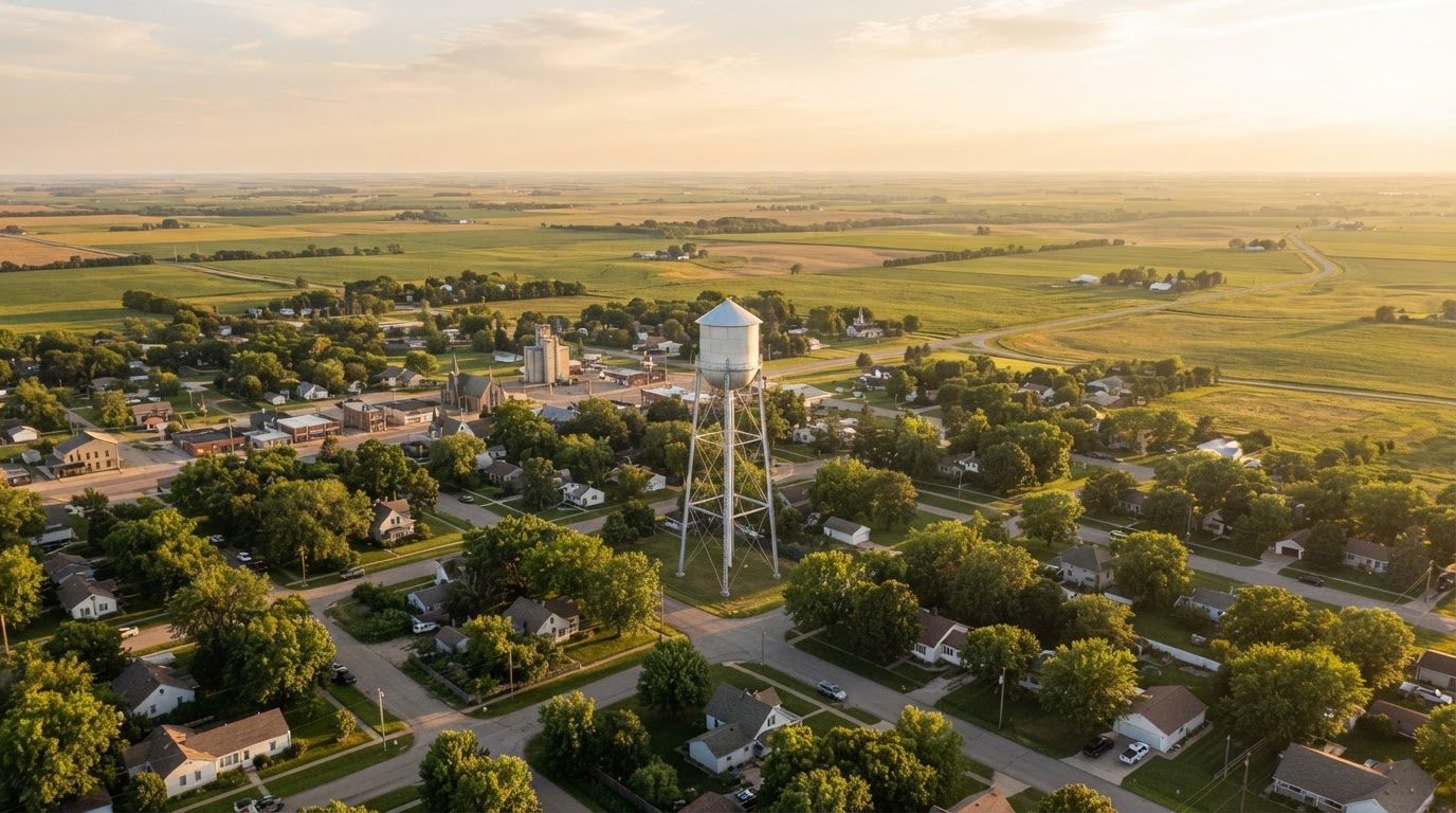 Aerial view of the Columbus water tower on the Kansas prairie at golden hour.