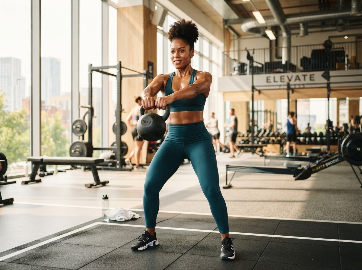 Black American woman training with a kettlebell in a bright gym