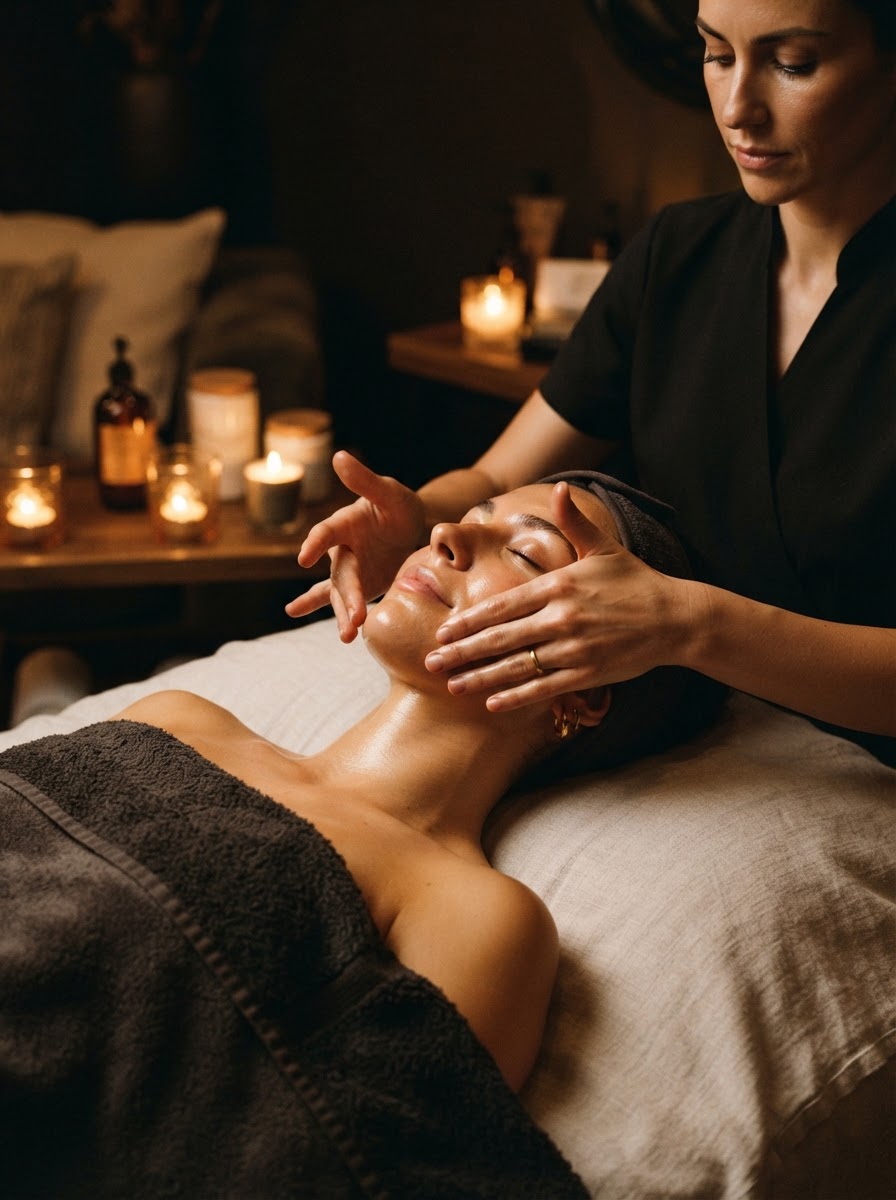 Esthetician's hands performing a gentle facial massage