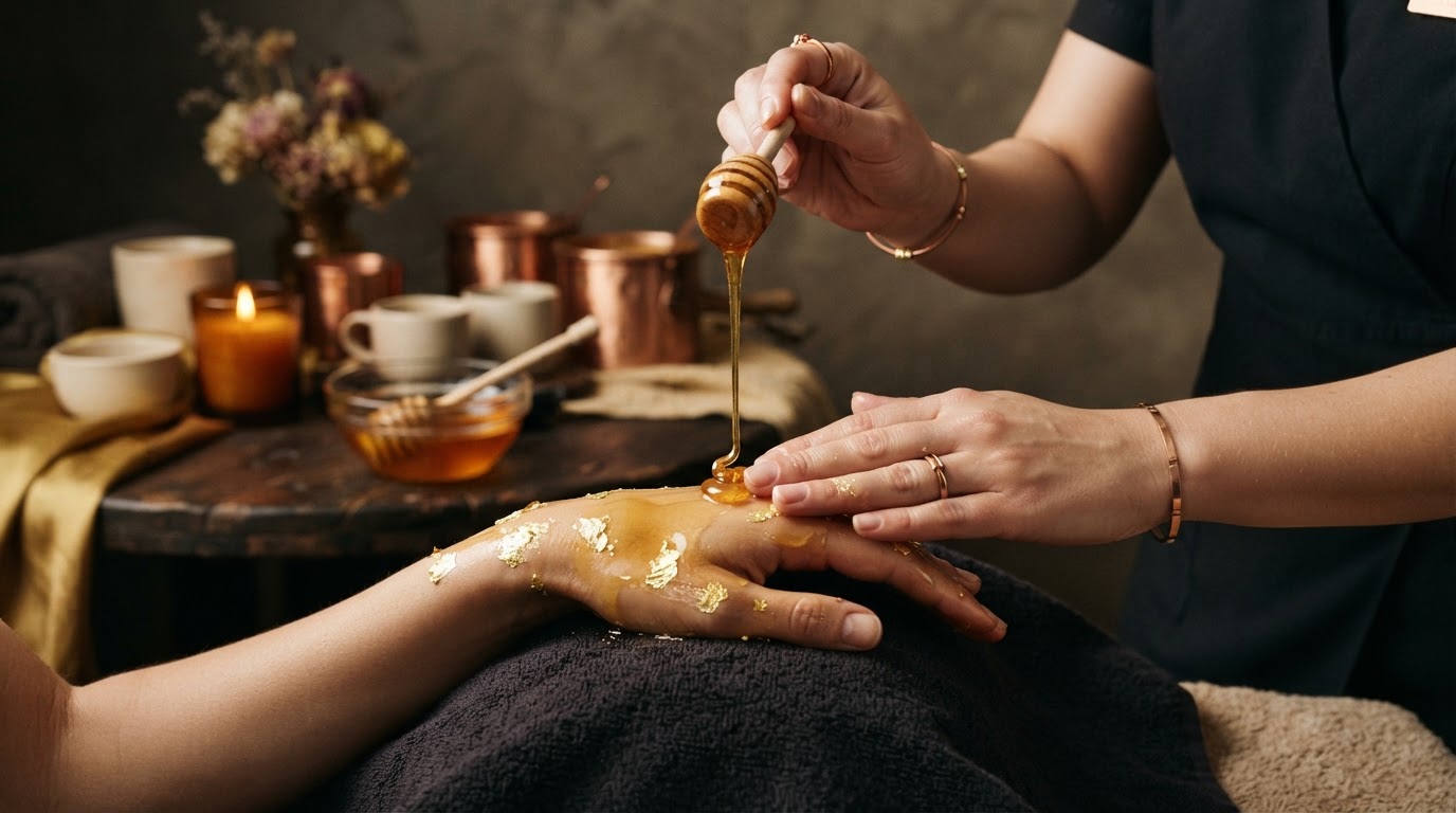 Golden honey and a warm paraffin hand treatment