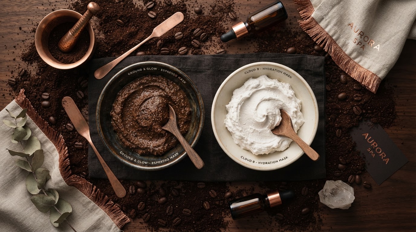 Two creamy masks — coffee and white cream — on coffee grounds
