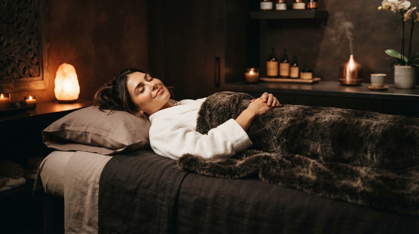 A relaxed client resting on a treatment bed under a faux-fur throw