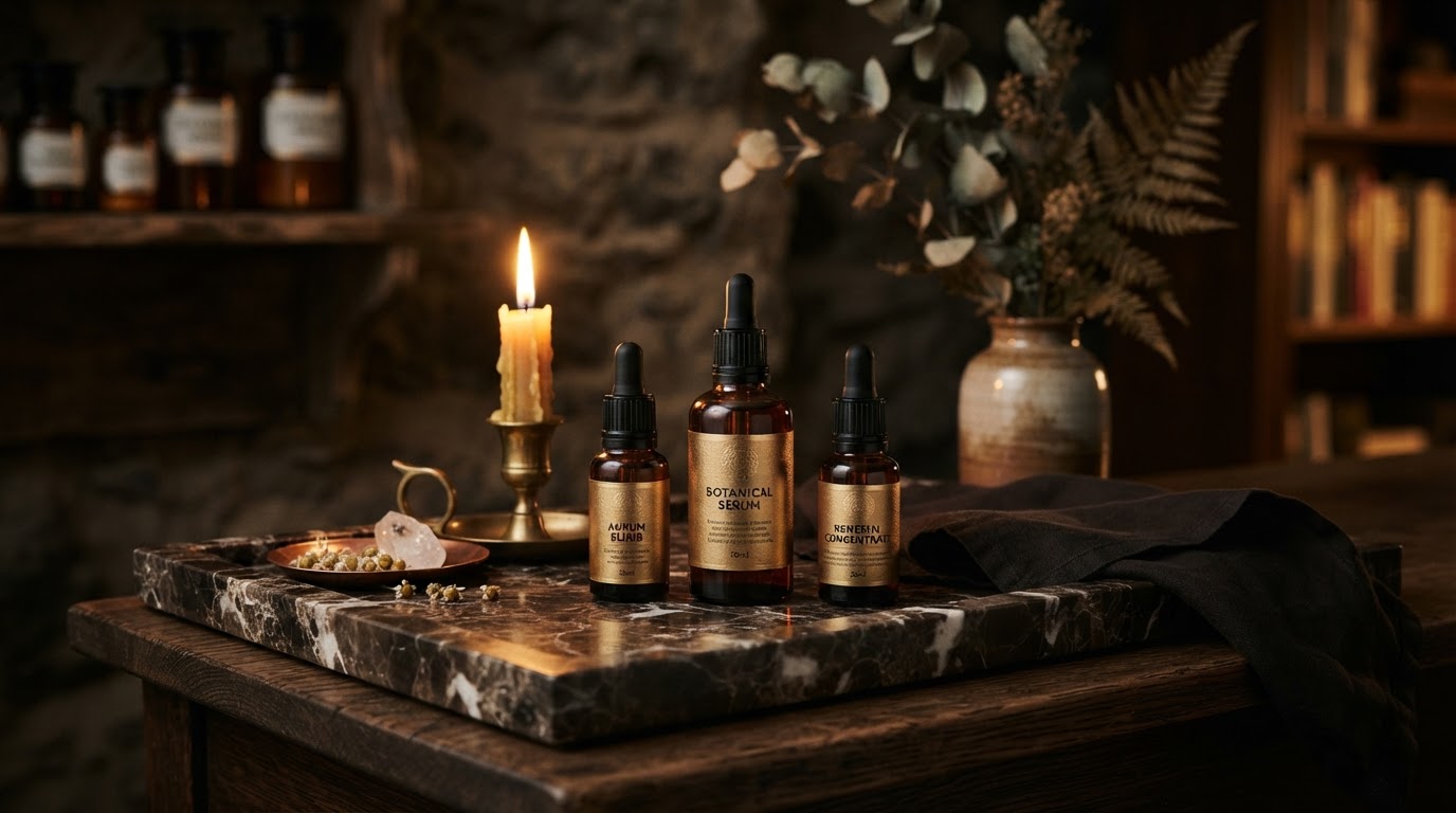 Amber serum bottles on a marble tray in candlelight