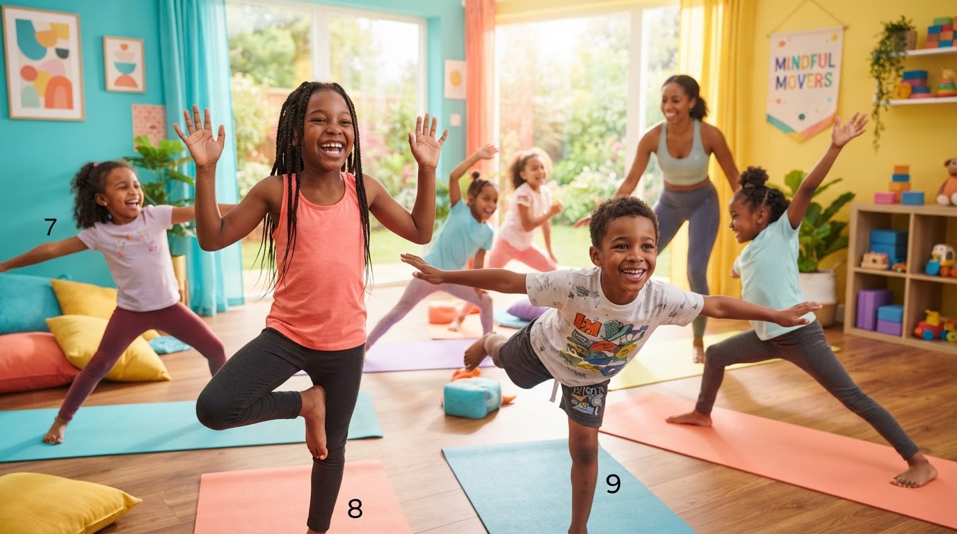 Joyful Black children laughing and moving in a bright Afro Yogi Kids wellness class