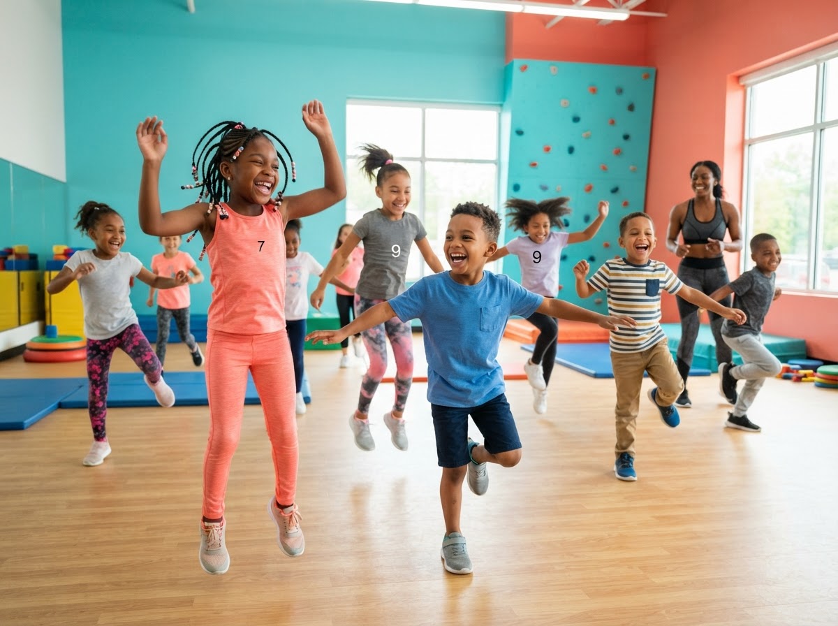 Energetic children — predominantly Black children — moving together joyfully in a group activity