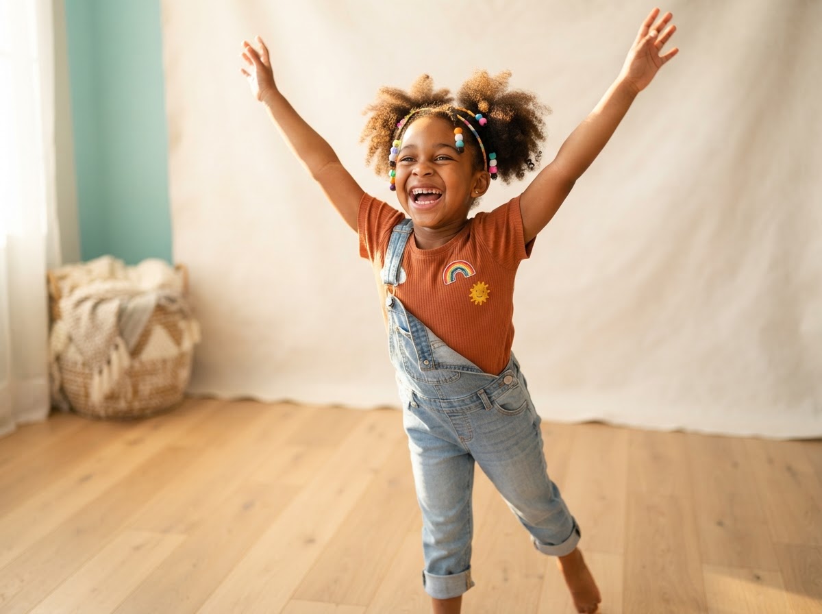 A young Black girl beaming with a huge genuine laugh, reaching her arms up in a joyful stretch