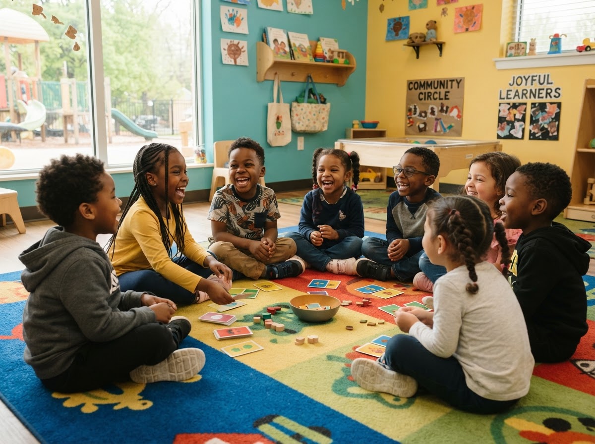 A diverse group of young children — predominantly Black children — sitting in a lively circle, laughing and engaged in a cooperative game