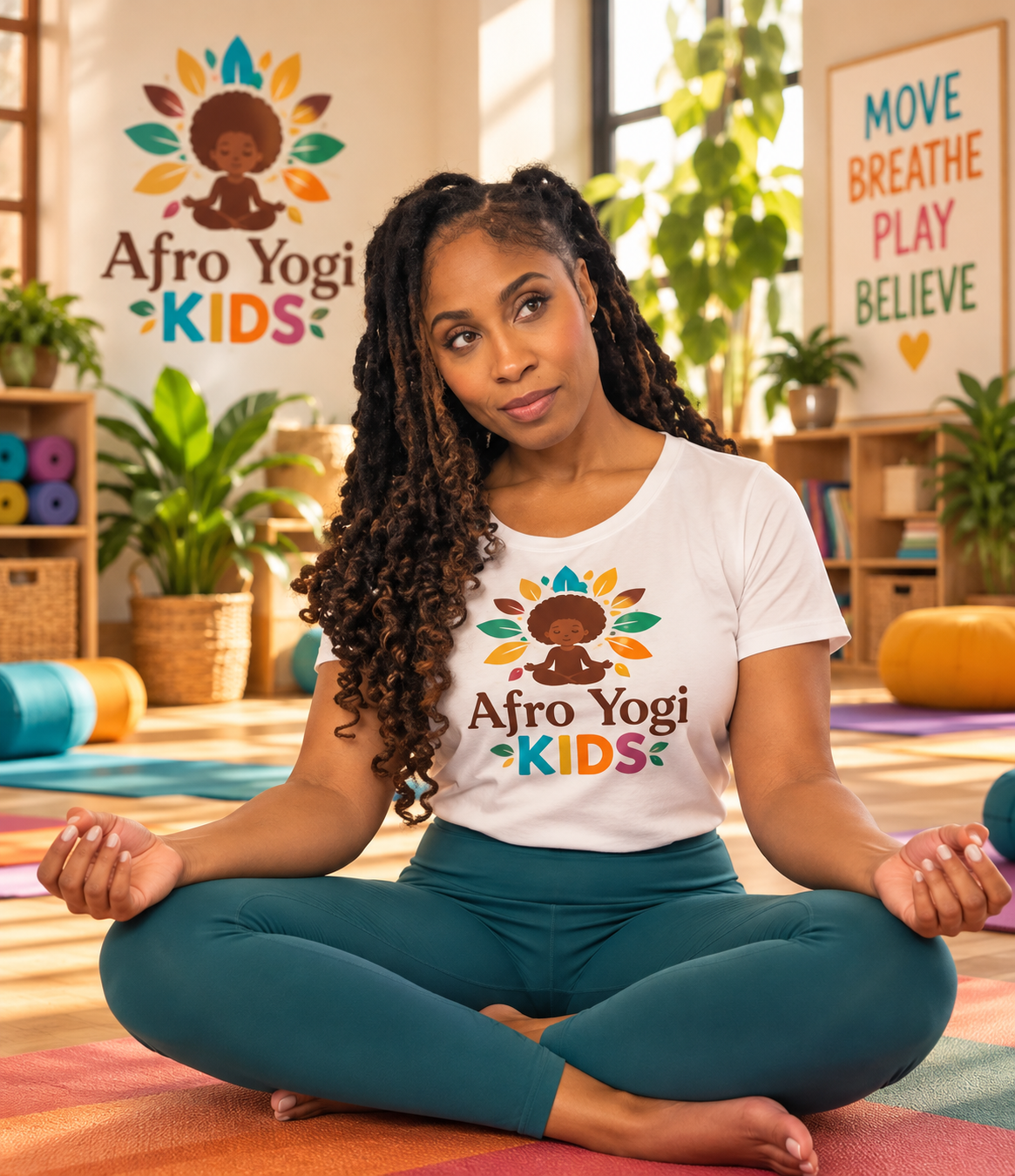 Lakischa Smith, MPH — founder and instructor of Afro Yogi Kids, a warm and approachable Black woman in casual athletic wear