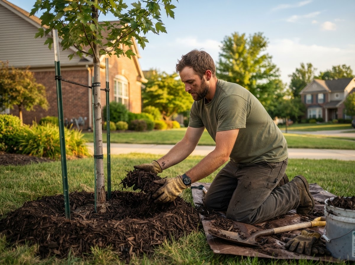 Arborist carefully wrapping young tree trunk with protective burlap in Mason OH