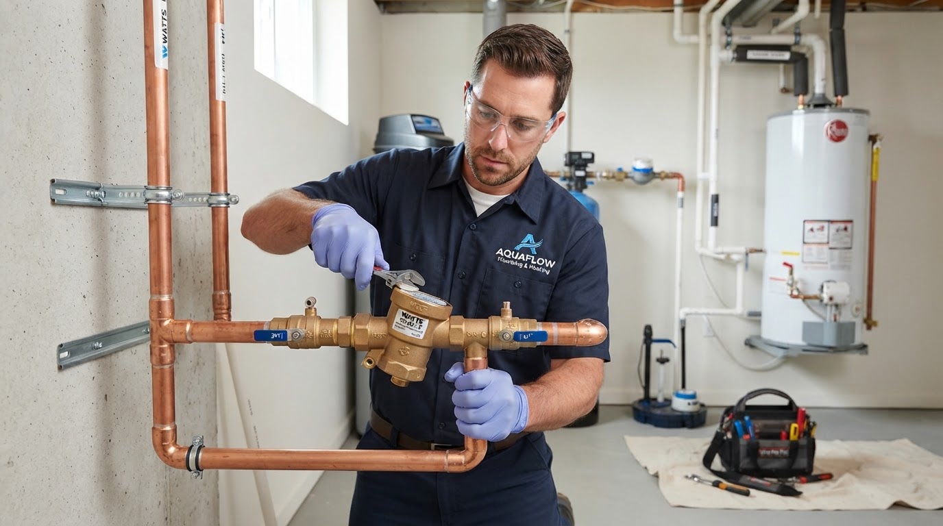 A professional plumber installing a clean backflow prevention device on a residential water supply pipe