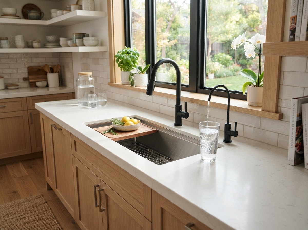 A beautiful residential kitchen sink with a dedicated drinking-water reverse osmosis faucet