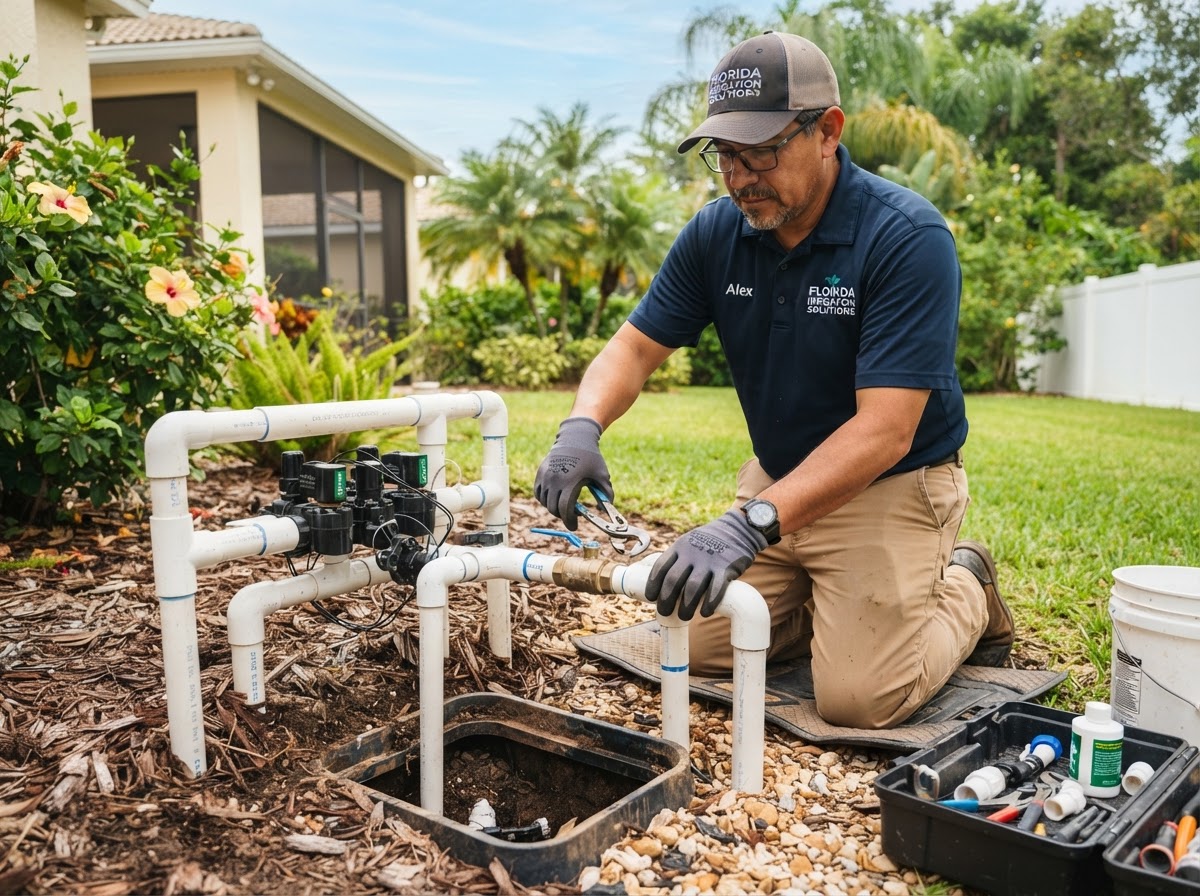 A professional working on accessible residential irrigation piping outdoors