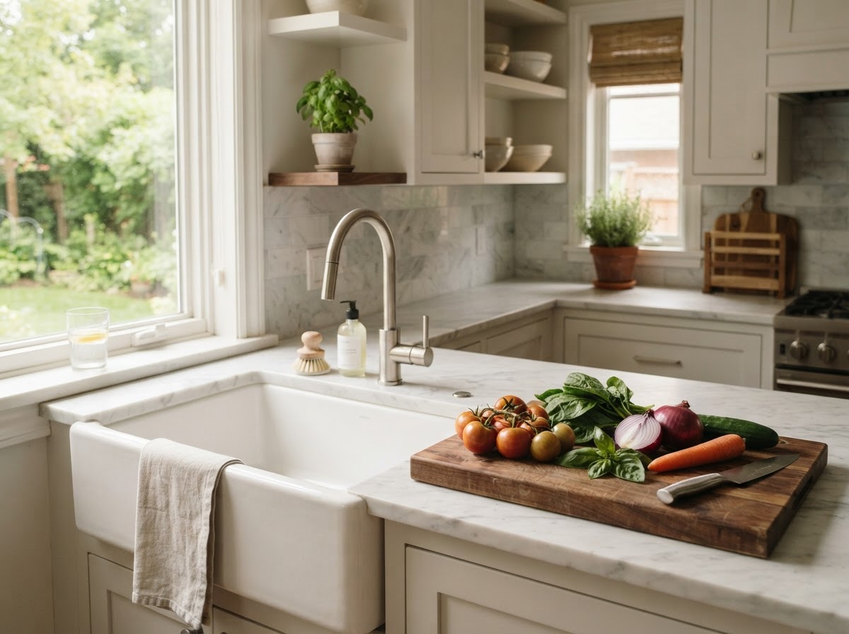 Beautiful kitchen sink and food-preparation area in a bright residential kitchen