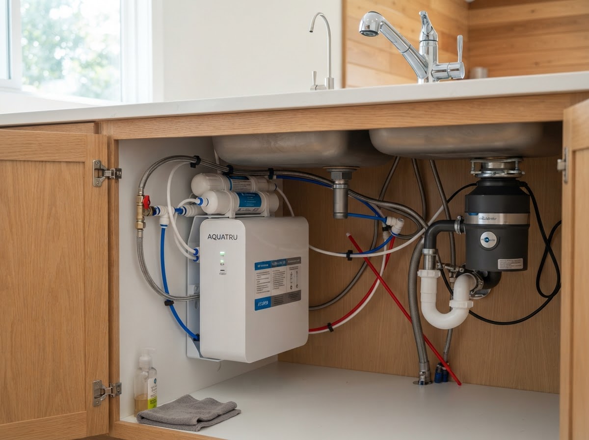 A modern under-sink tankless reverse osmosis system beneath a kitchen sink