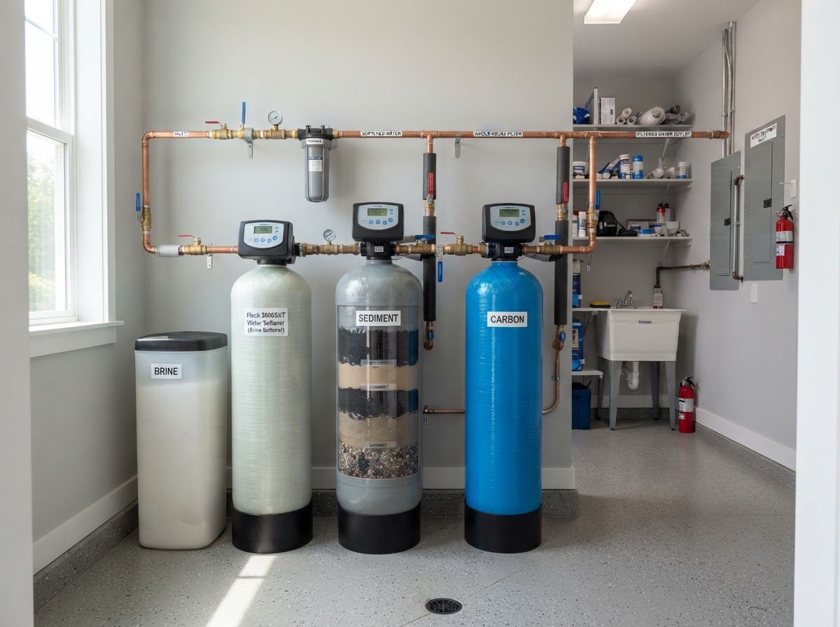 A professionally installed residential mixed-media water filtration system in a utility closet