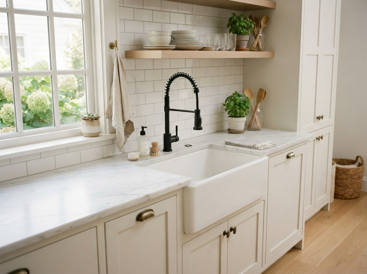 Beautiful farmhouse apron-front kitchen sink in an inviting bright residential kitchen
