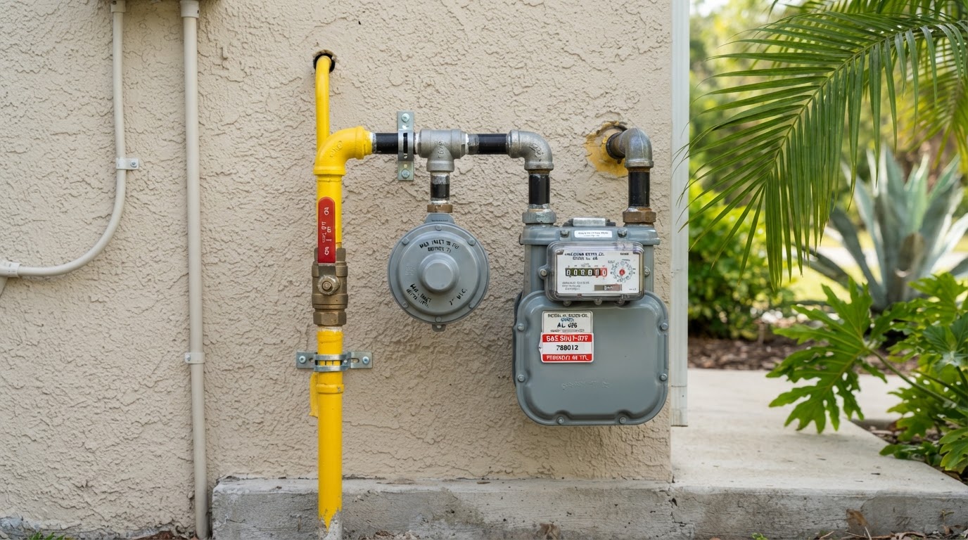 A clean, professional natural gas gauge and shut-off valve connected to a neat yellow gas line pipe on the exterior of a modern Florida home