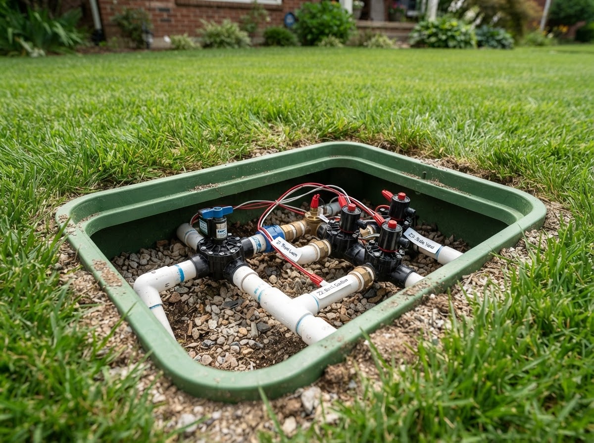 A close-up of a residential irrigation valve assembly in a green lawn