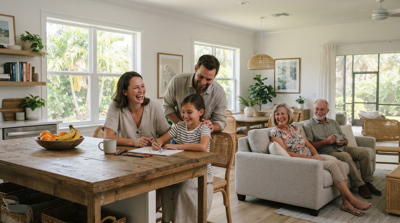 A warm, authentic Florida family enjoying everyday life together at home