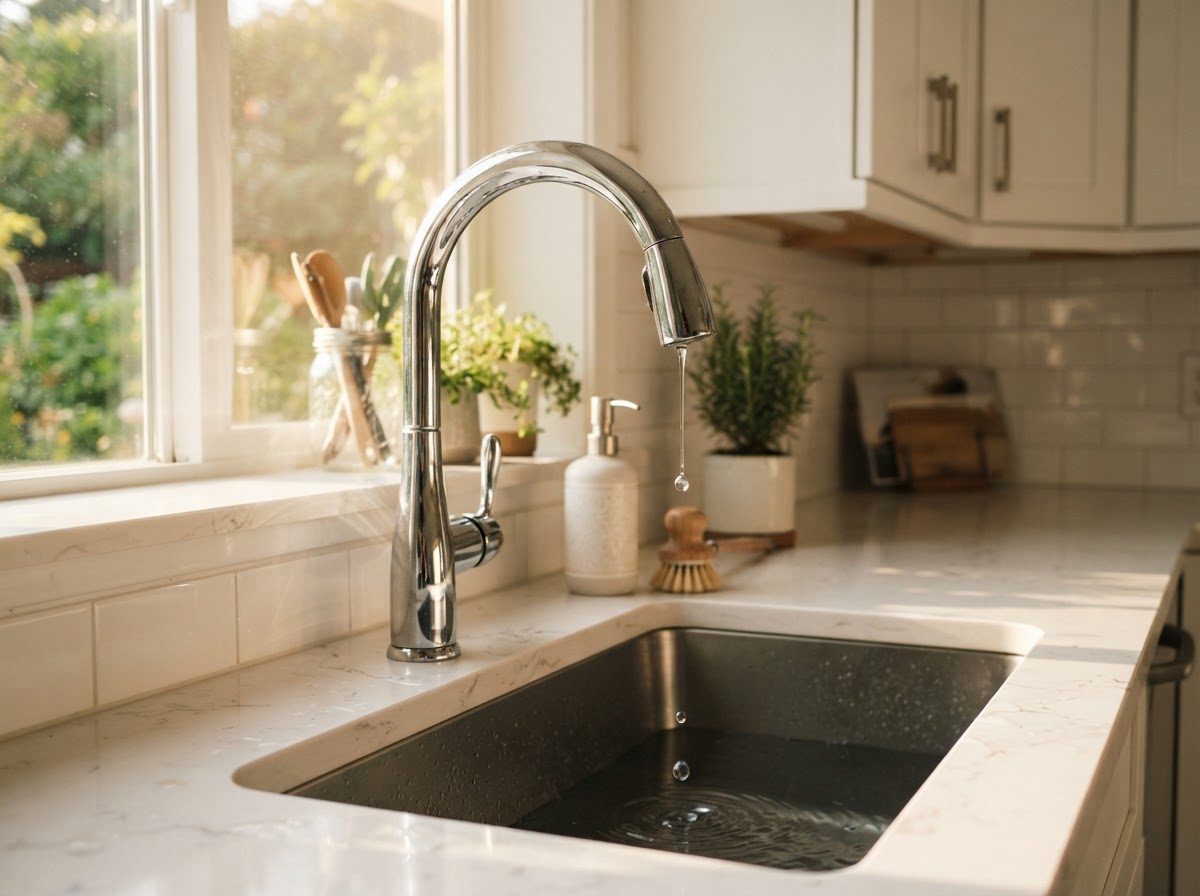 Beautiful residential kitchen faucet with a subtle visible drip