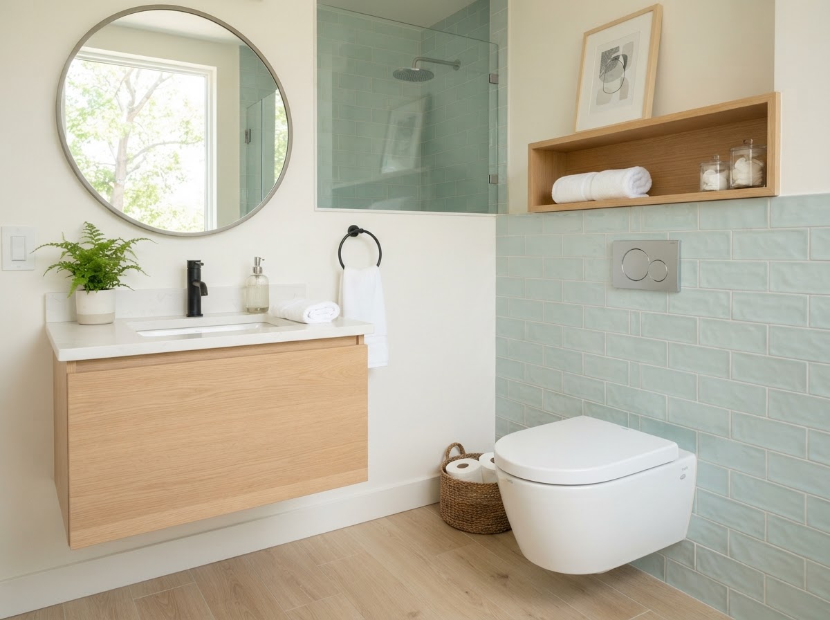 Attractive, modern residential bathroom with toilet clearly visible